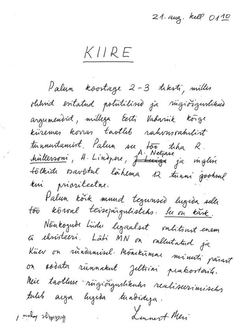 Lennart Meri ajalooline kiri 21. augustil 1991.