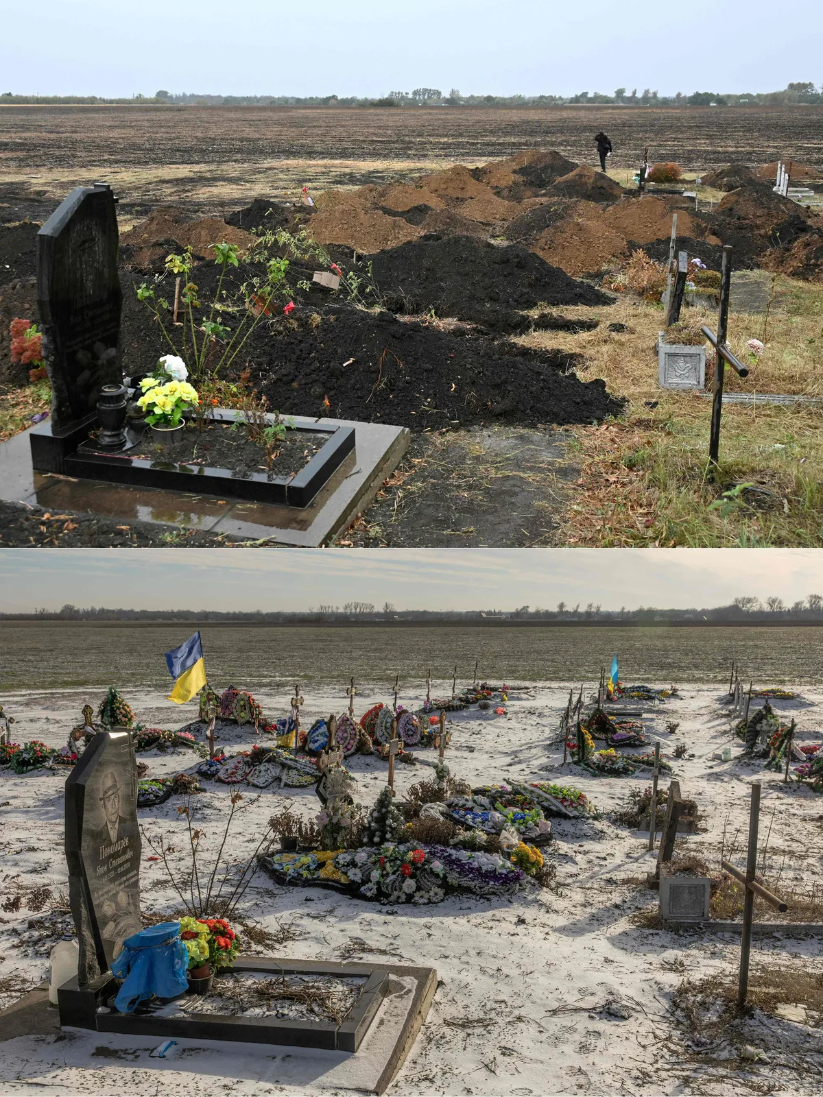 Augšā: 2023.gada 7.oktobrī tikko izrakti kapi divas dienas pēc Krievijas uzbrukumiem veikalam un kafejnīcai Hrozā, kuros nogalināti tika vismaz 50 cilvēki. Lejā: kapsēta Hrozā 2024.gada 23.janvārī.