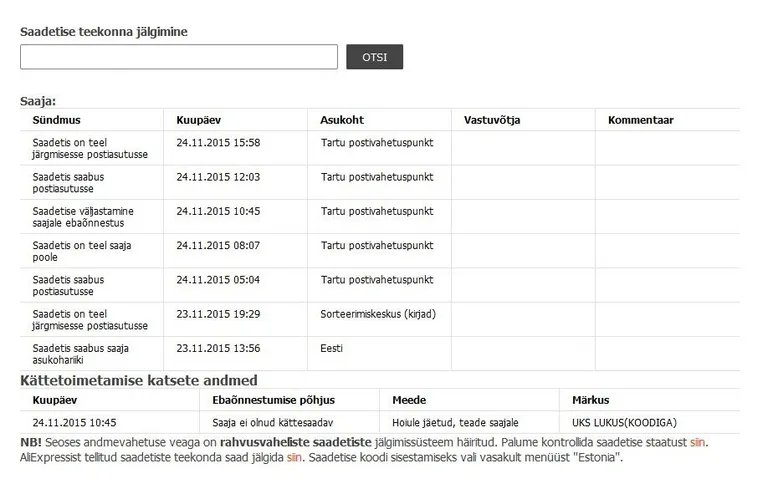 Paki jälgimise teekond, millele pakisaaja viitas. Foto: kuvatõmmis