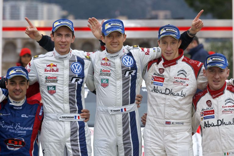 Aasta 2014 - Monte Carlo ralli võitu tähistavad Sebastien Ogier ja Julien Ingrassia, kolmanda koha saavutasid Kris Meeke ja Paul Nagle.