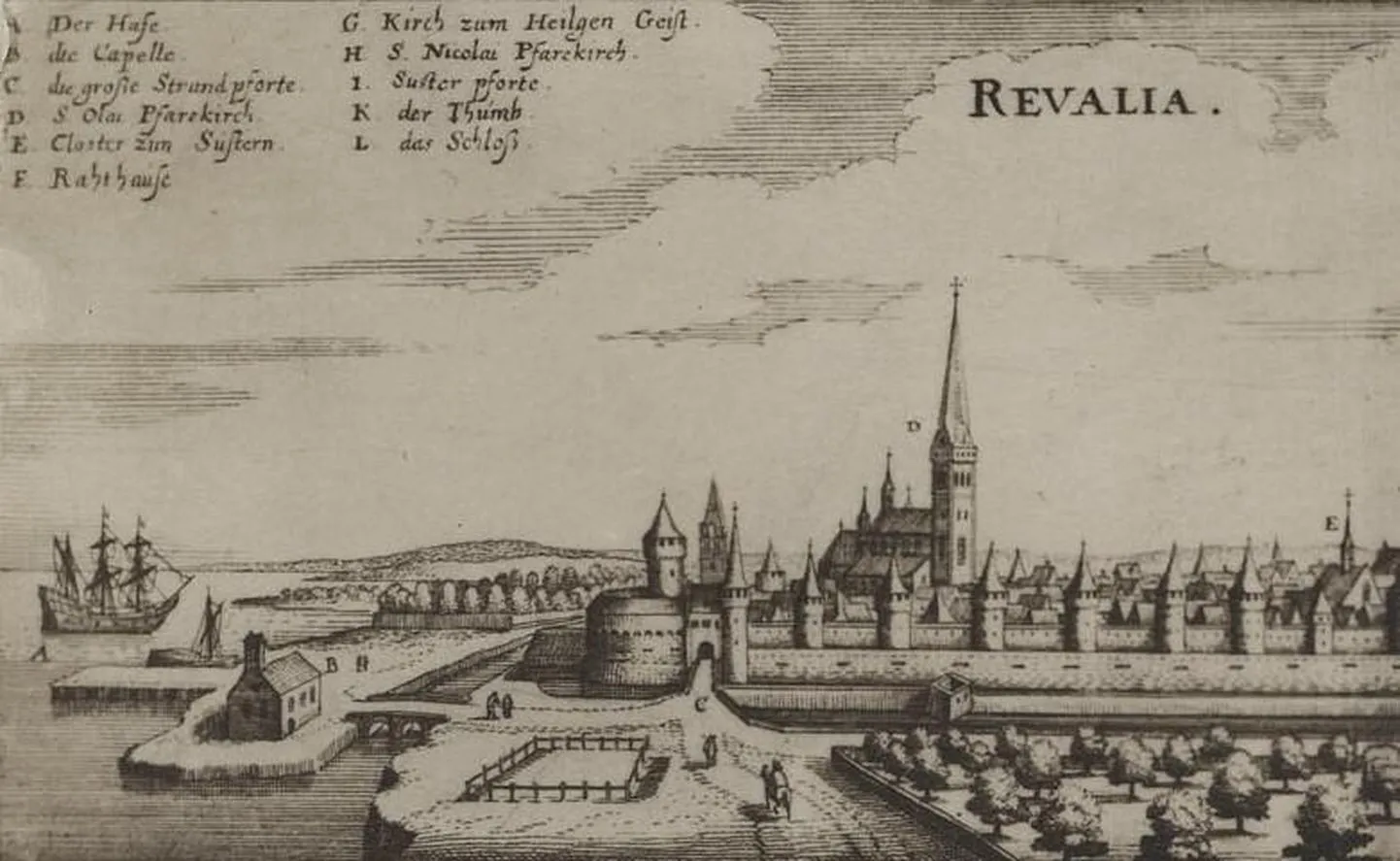 Фрагмент гравюры Адама Олеария (XVII век), в центре - церковь Олевисте.