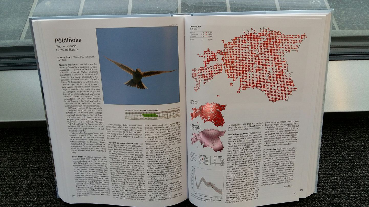 Uue linnuatlase kahel kõrvutisel leheküljel on andmed põldlõokese kohta.