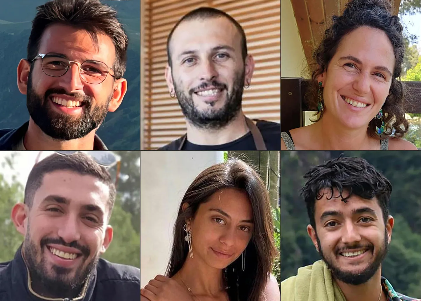 Iisraeli vägede poolt leitud Hamasi vangistuses surnud pantvangid Almog Sarusi, Alex Lubnov, Carmel Gat, Ori Danino, Eden Yerushalmi ja Hersh Goldberg-Polin.