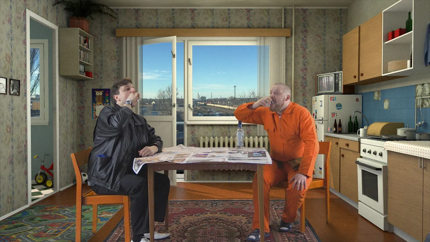 Poeg (Anatoli Tafitšuk) ja isa (Päär Pärenson) virtuaalkorteris vennastumas.