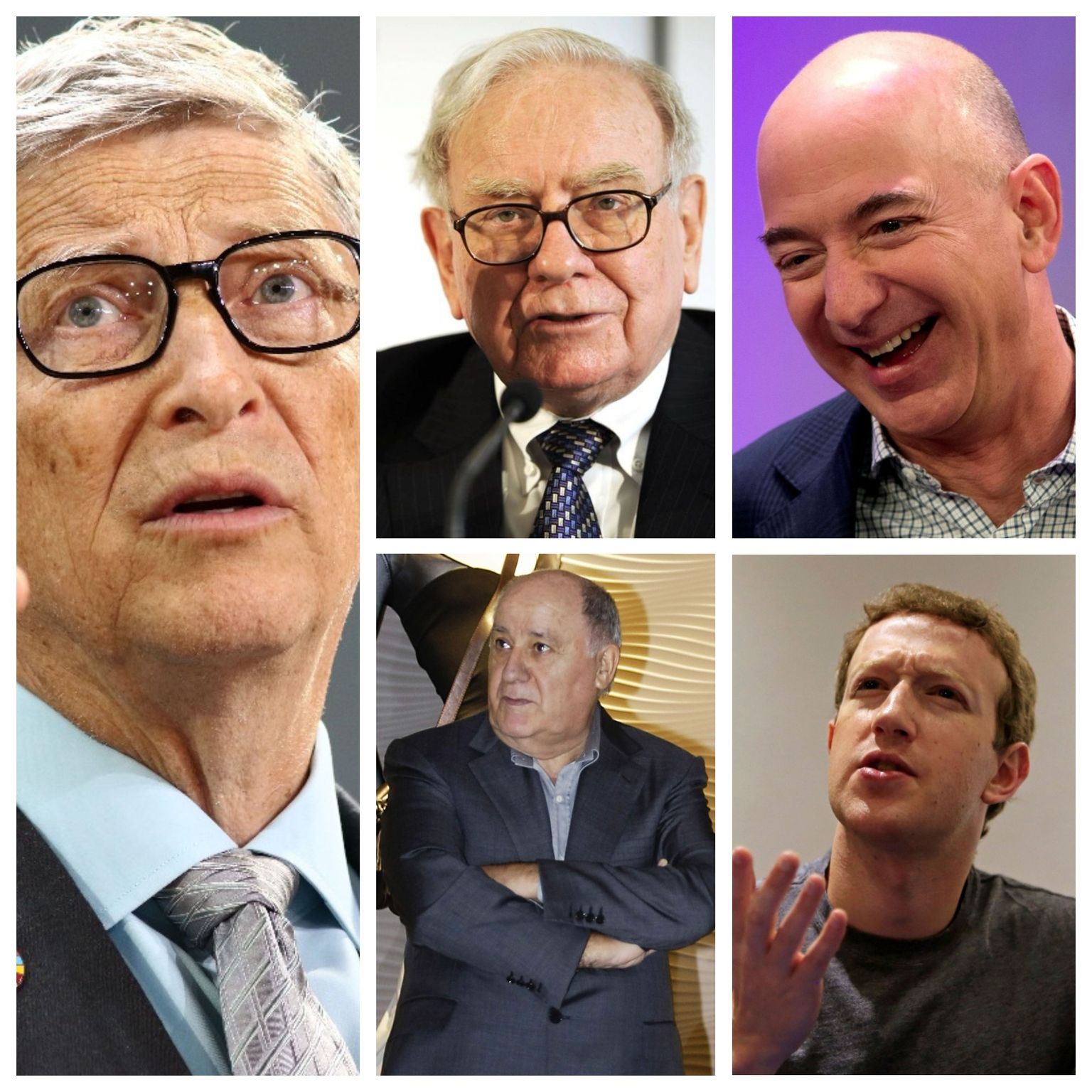 Vasakult: Bill Gates, Warren Buffet (ülal), Jeff Bezos, Amancio Ortega (all) ja Mark Zuckerberg.