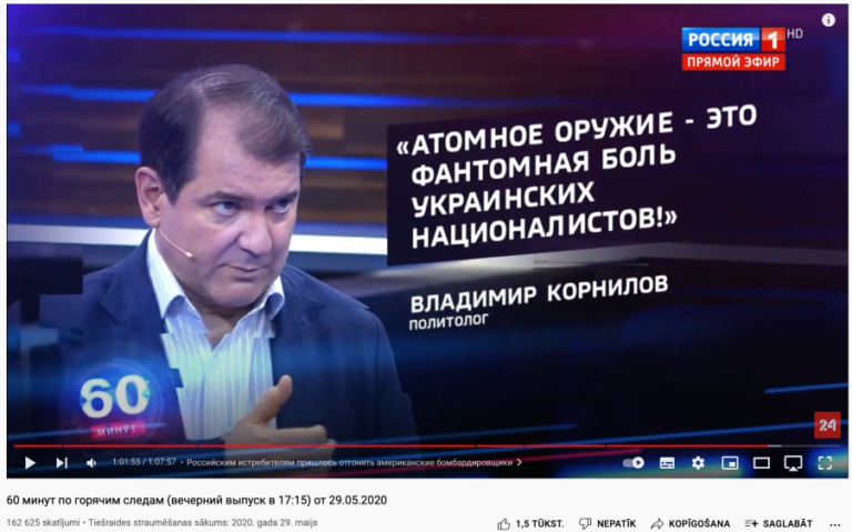 Ekrānšāviņš no Krievijas valsts televīzijas raidījuma 29.05.2020., kurā apspriesti Ukrainas centieni tikt pie kodolieročiem.