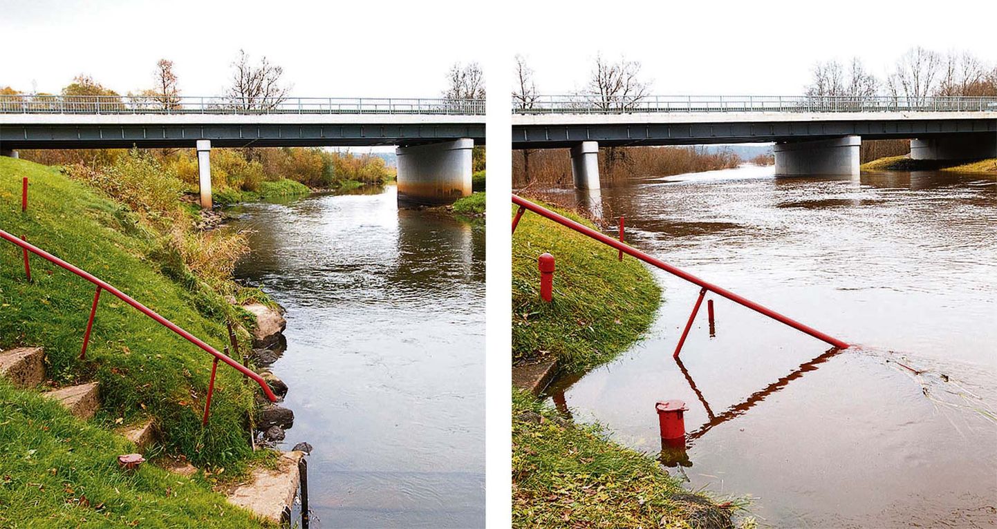 Enne ja nüüd. Vasakpoolne foto on tehtud Väikest Emajõge ületava Tõlliste silla juures 14. oktoobril ehk pisut enam kui kuu aja eest ning parempoolne eile pärastlõunal. Kohaliku mõõtejaama andmetel ulatub jõe vesi 2 meetrit ja 30 sentimeetrit üle nulli.