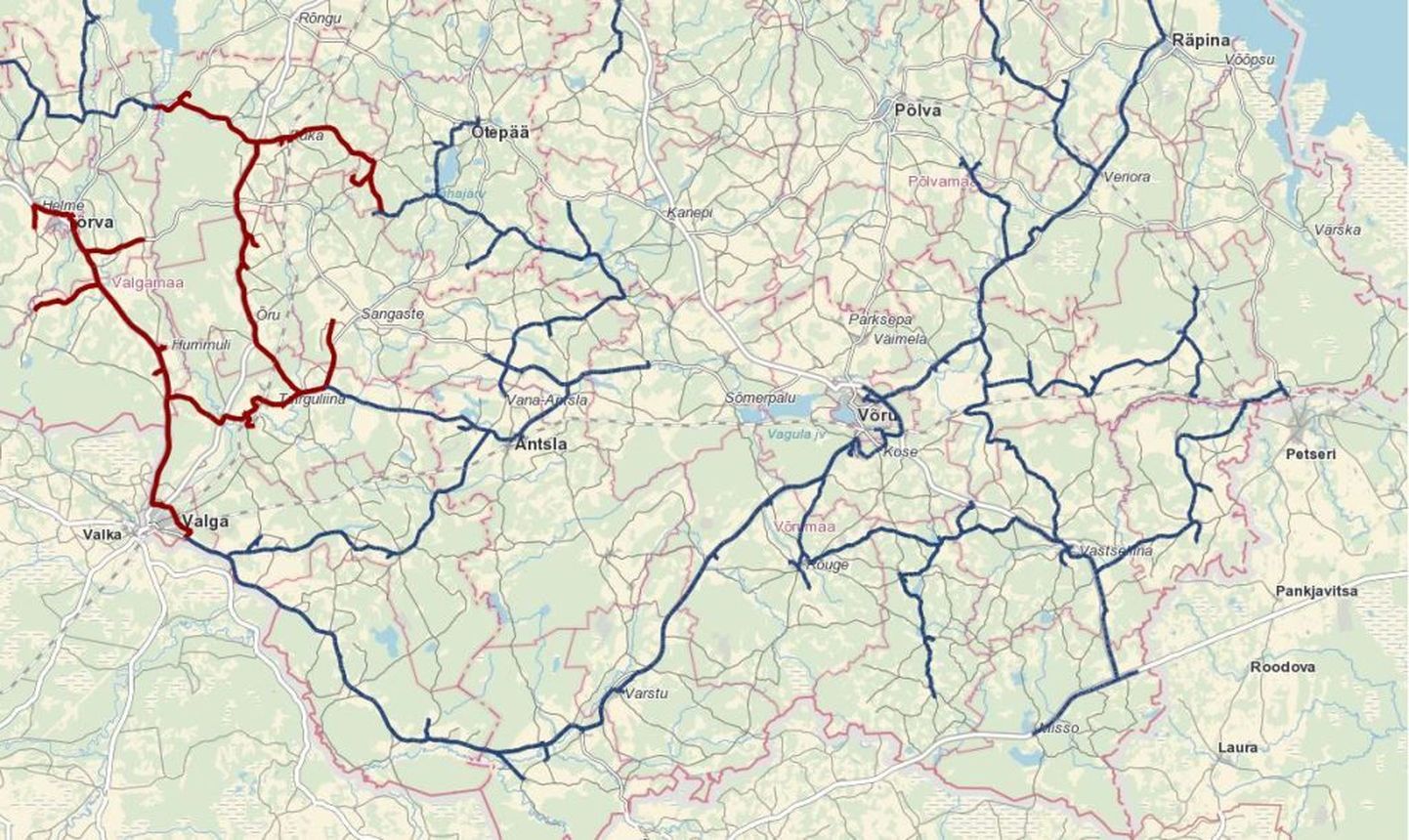 Kagu-Eesti lairibavõrk. Valmis võrk on märgitud siniselt, planeerimisel olev punaselt.