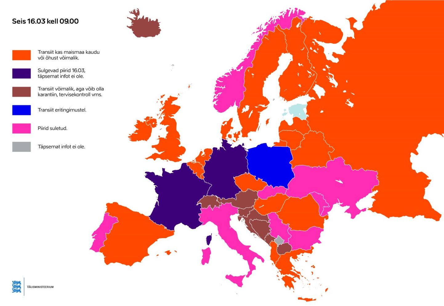 Piirangud Euroopas 16. märtsi seisuga.