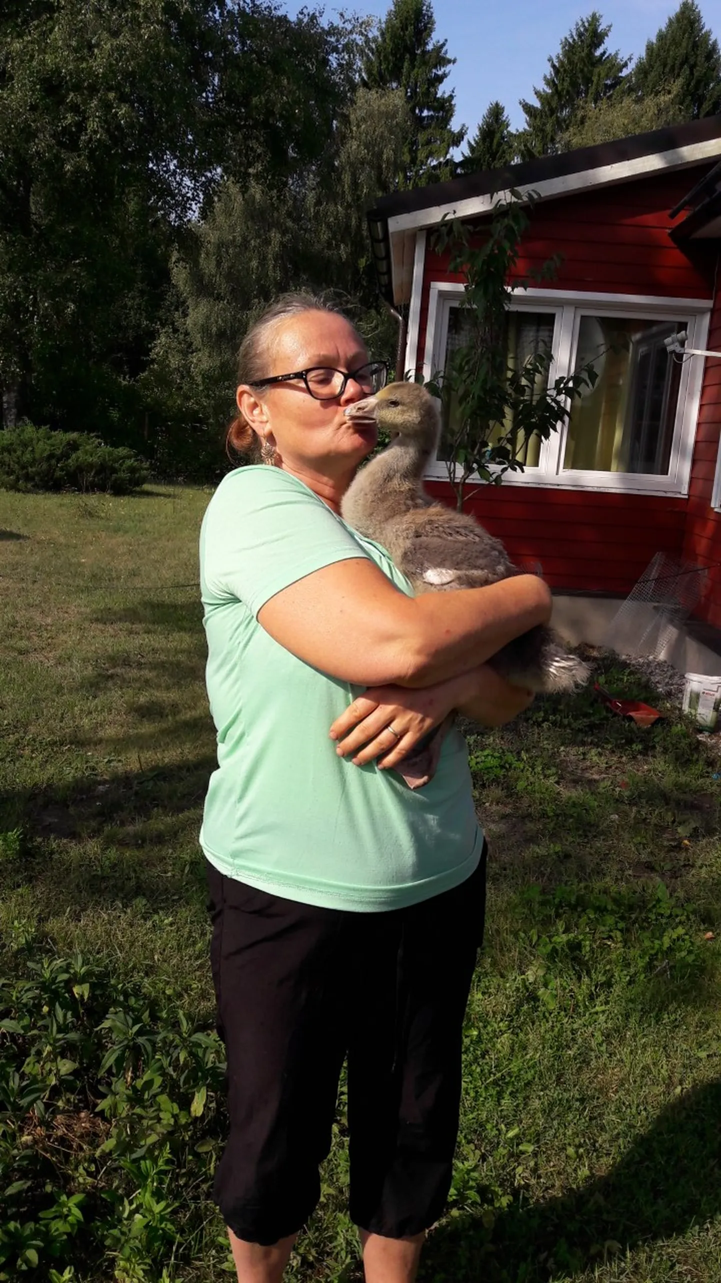 Ristil asuva linnutalu perenaine Tiiu Takko koos farmi pesamuna - hanepoeg Kiiviga.