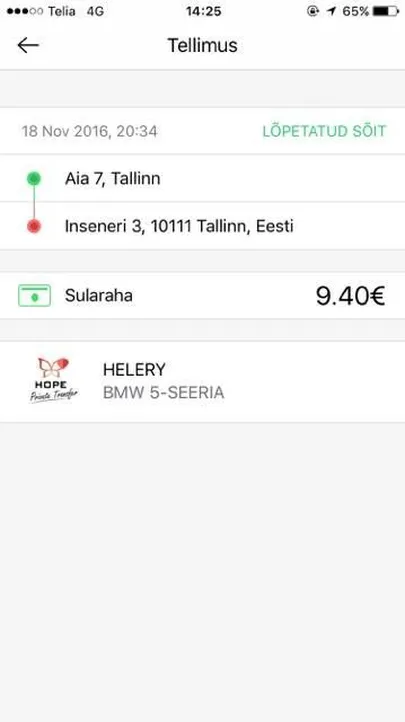 Ekraanitõmmis reedesest Taxify mobiiliäpist.