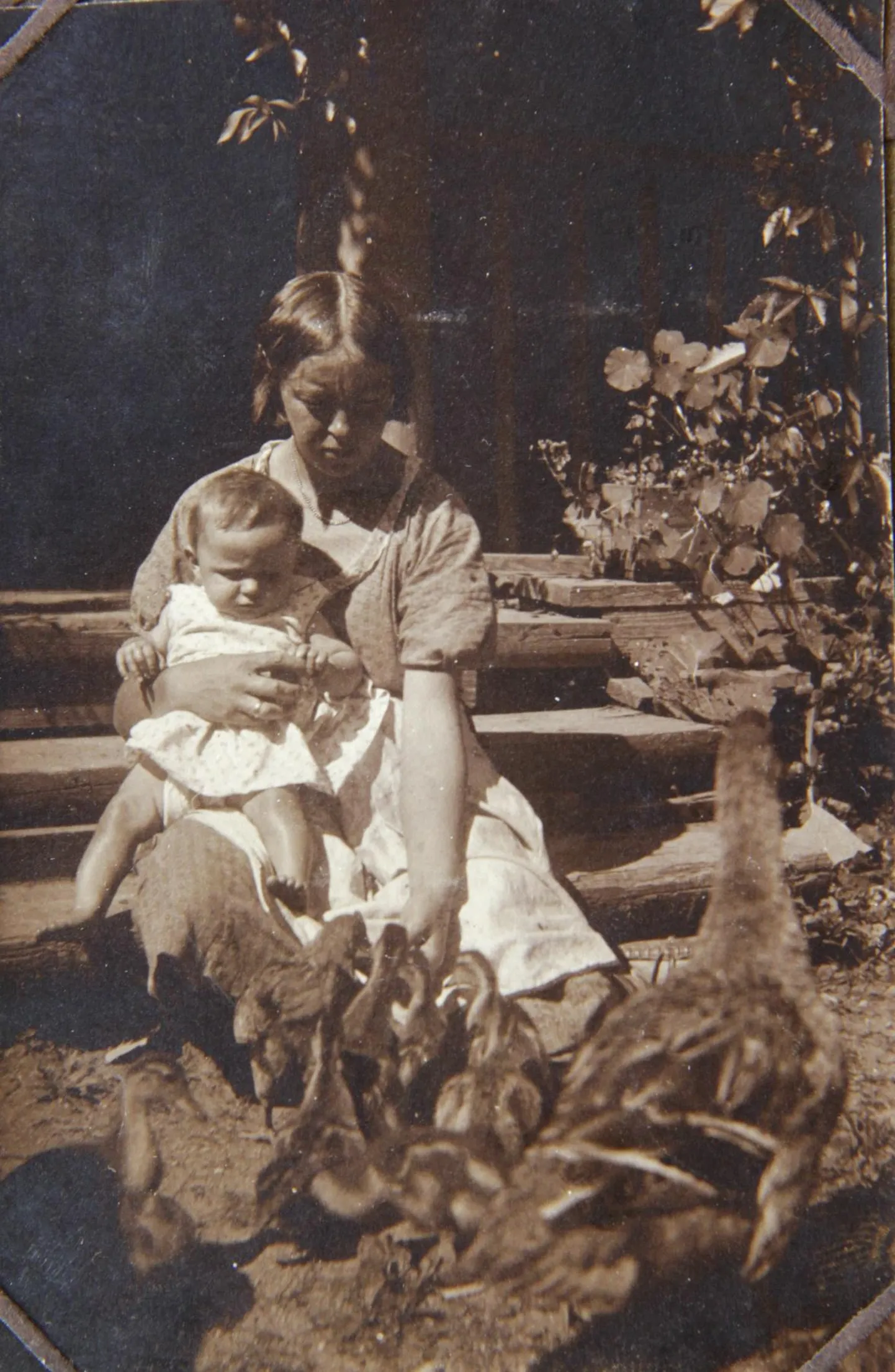 Eesti Vabariigi ajal parunessist talunaine Aimee oma tütre Kristeliga toitmas hanesid 1926. aasta paiku.