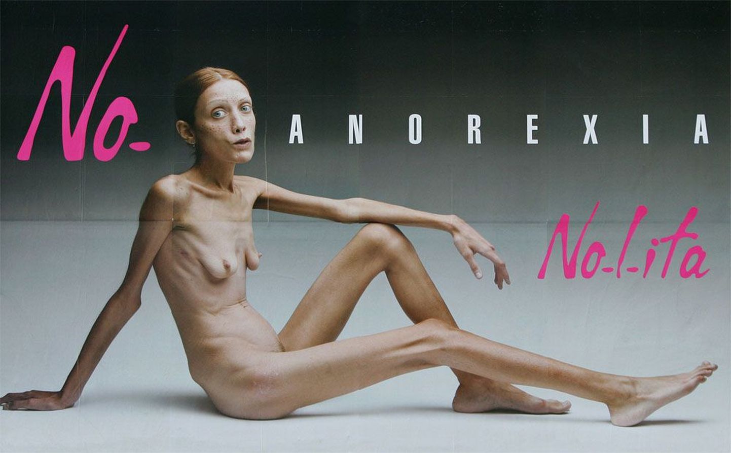 Kahe aasta tagusel Itaalia šokireklaamil poseeris anorektikust prantsuse näitlejatar ja modell Isabelle Caro.