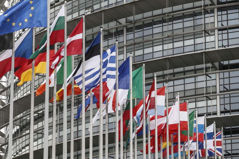 Euroopa Liidu liikmesriikide lipud Euroopa parlamendi hoone ees Strasbourgis päev enne Suurbritannia lahkumist ühendusest.