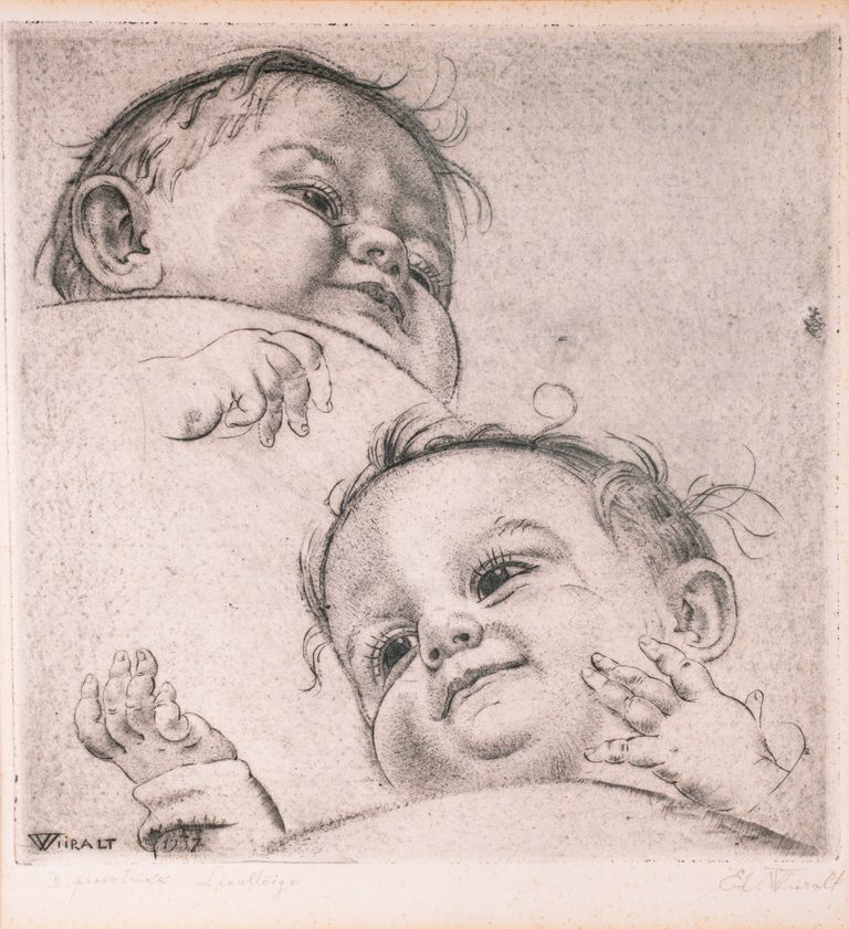 Eduard Wiiralt «Lapsed». Haamrihind 3100 (alghind 1200). 1937. Linoolsügavtrükk plm 24.9 x 24.7 cm (raamitud).