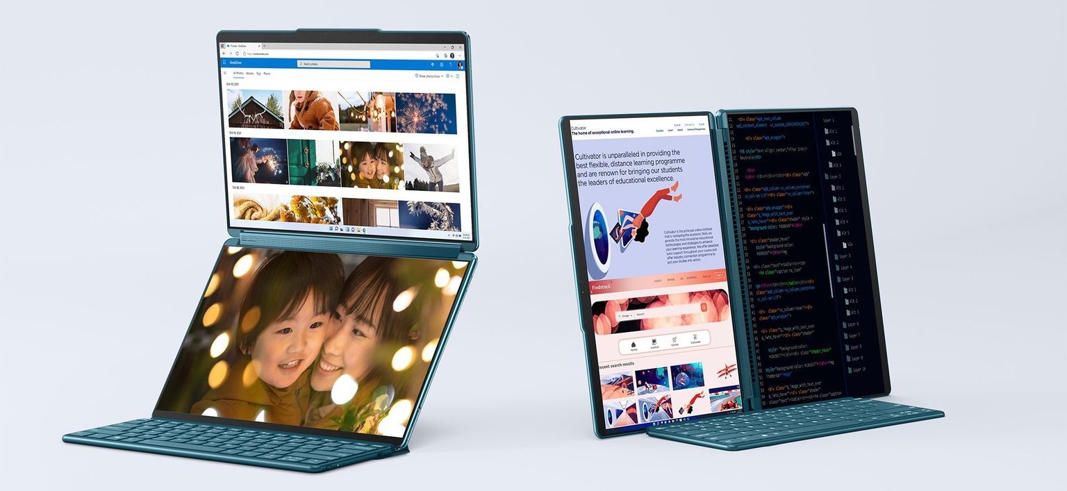 Sülearvuti kaks ekraani võivad olla nii üksteise kohal kui kõrvuti, nende ees saab kasutada lahtikäivat Bluetooth-klaviatuuri.