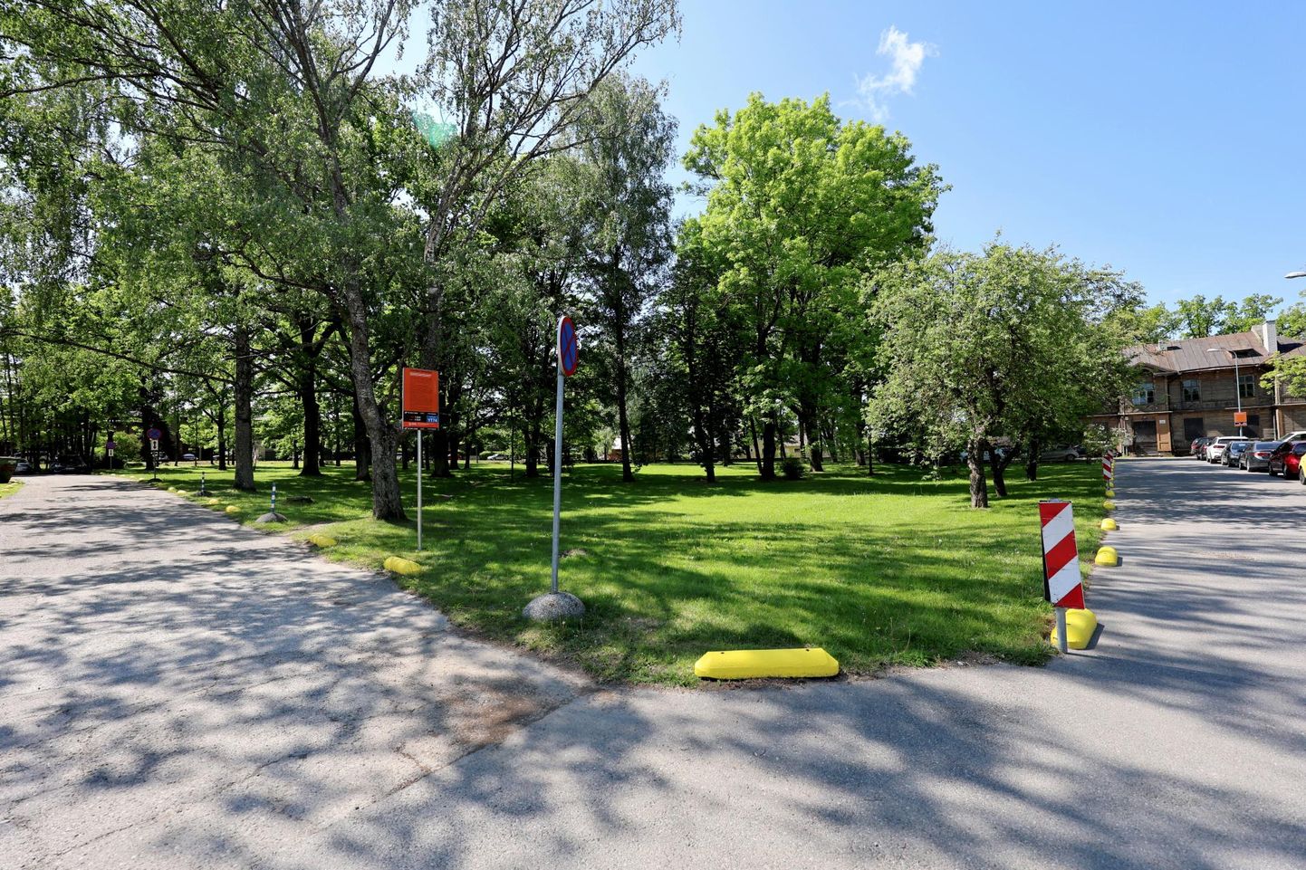 Tartu lastefondi Puusepa 2 parki kavandatud mänguväljaku kohal on muru sama roheline kui eelmisel suvel.