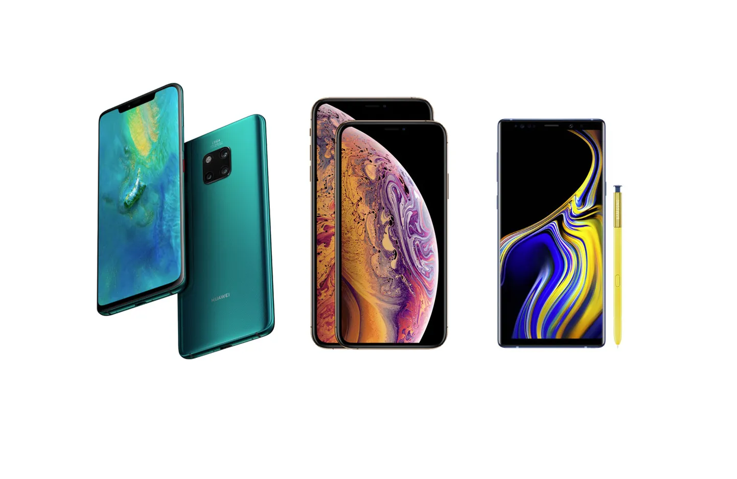 Huawei Mate 20 Pro, iPhone Xs un Xs Max un Samsung Galaxy Note9